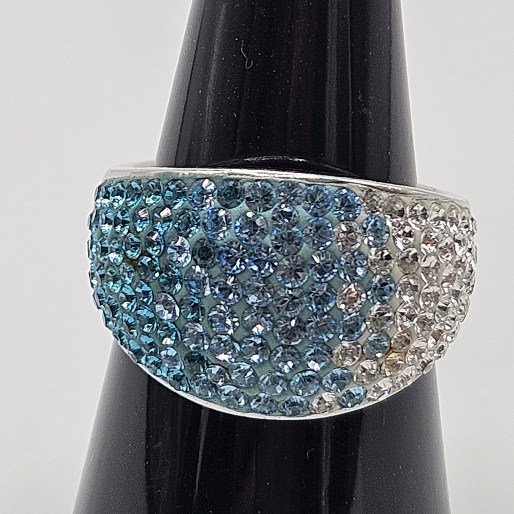 Sterling Silver Domed Crystal Ring Blue White Statement 925 Size 8